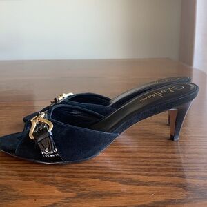 Cole Haan Nike air  black suede/leather mule sandals w gold hardware EUC